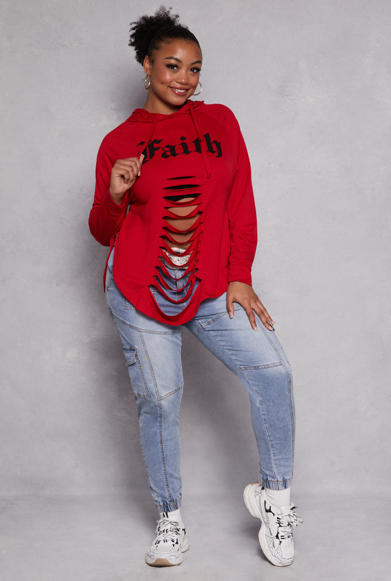 Plus Size Faith Graphic Slashed Hooded Top