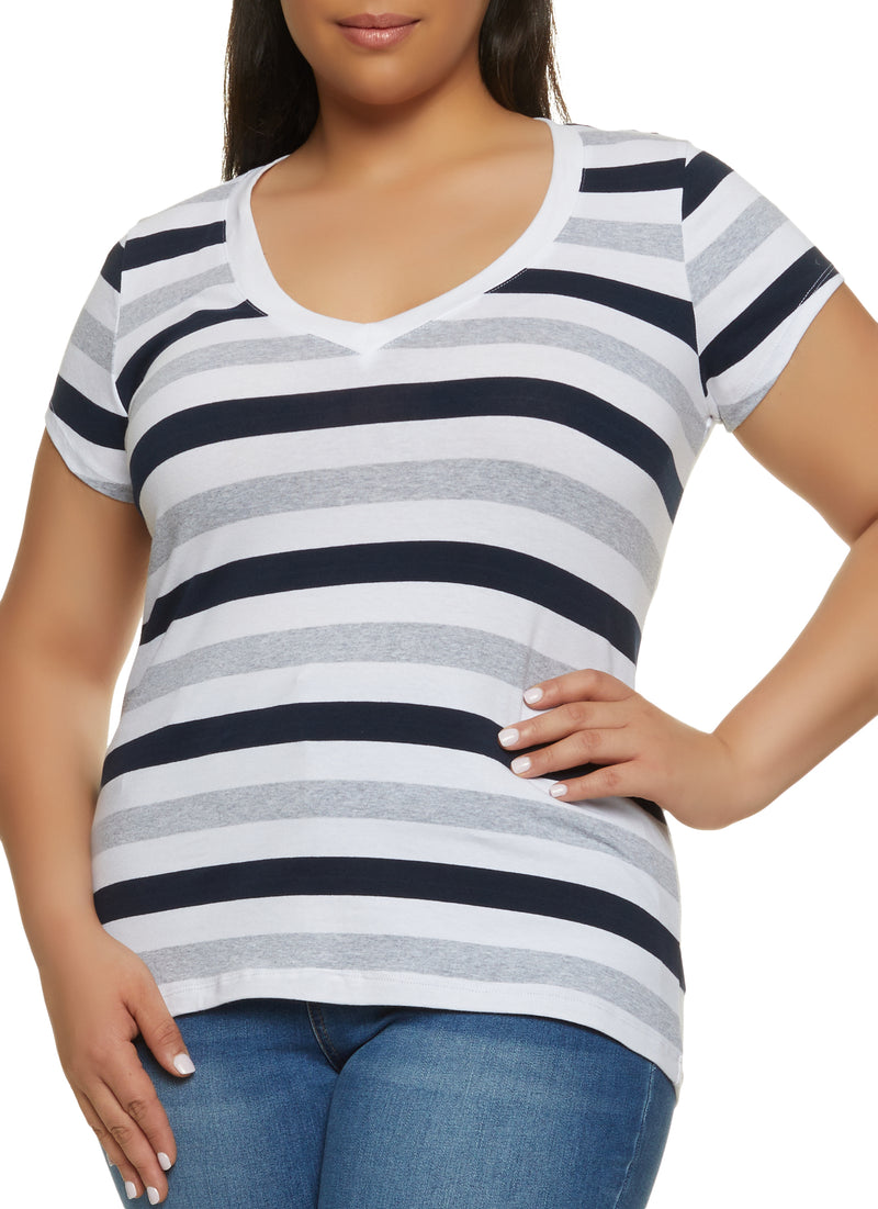 Plus Size Striped V Neck Short Sleeve Tee