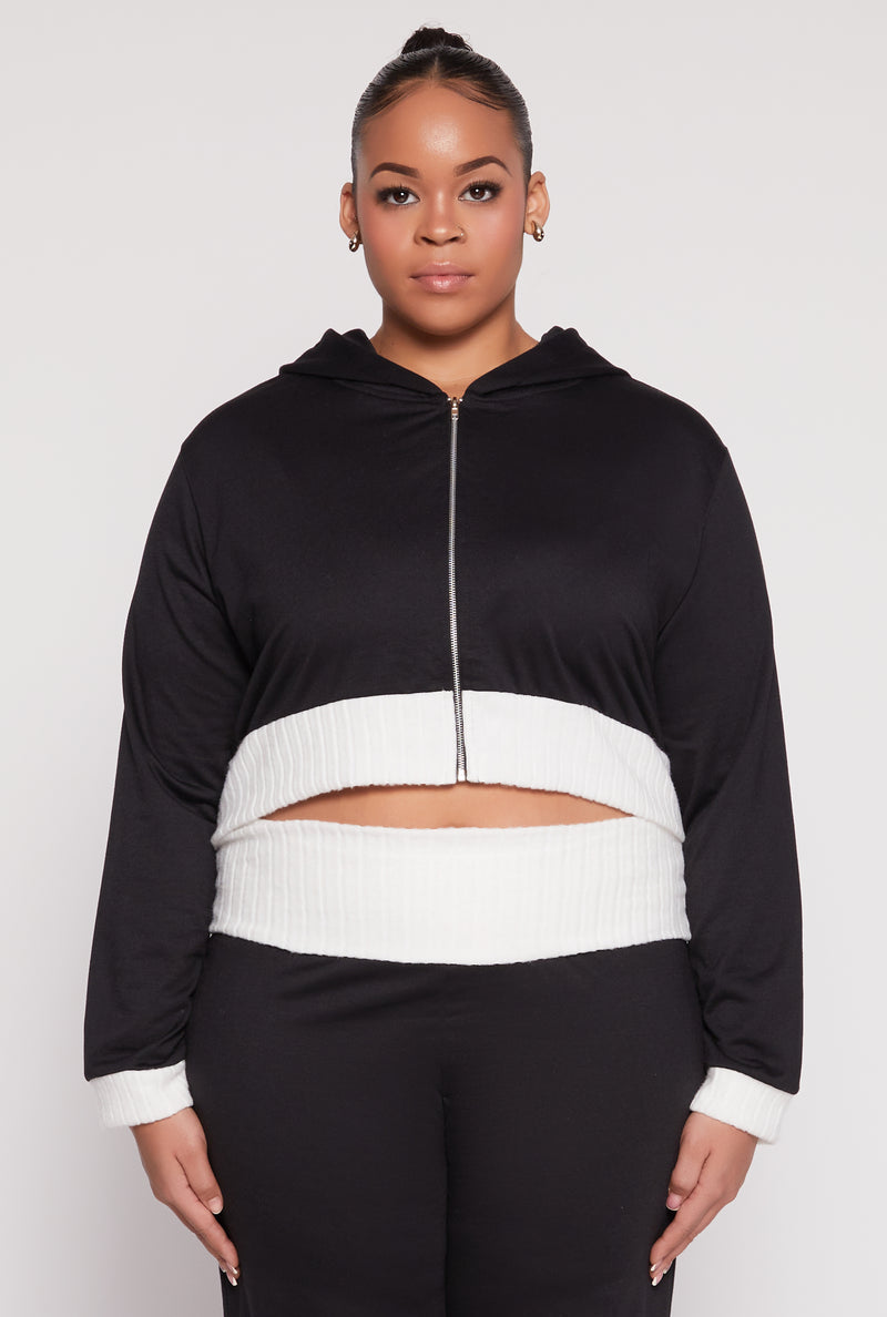 Plus Size Two Tone Trim Hooded Sweatshirt