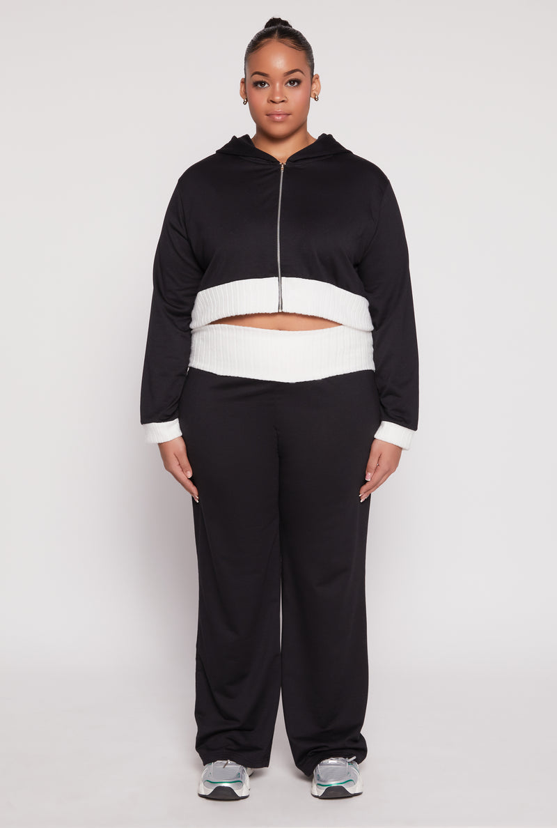 Plus Size Two Tone Trim Hooded Sweatshirt