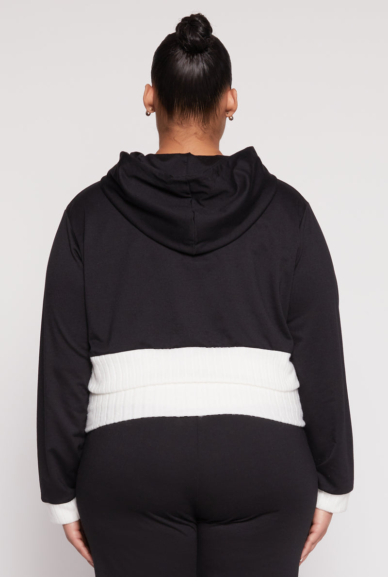Plus Size Two Tone Trim Hooded Sweatshirt