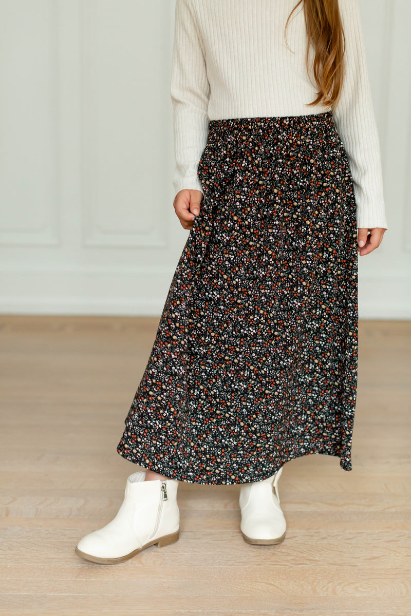 'Nina' Girl Ditsy Floral Skirt in Black FINAL SALE