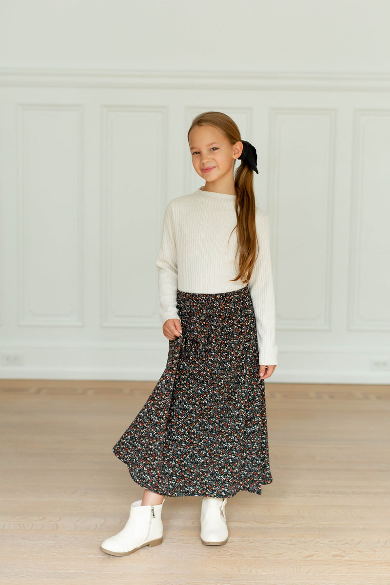 'Nina' Girl Ditsy Floral Skirt in Black FINAL SALE
