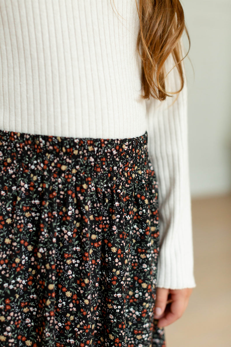 'Nina' Girl Ditsy Floral Skirt in Black FINAL SALE