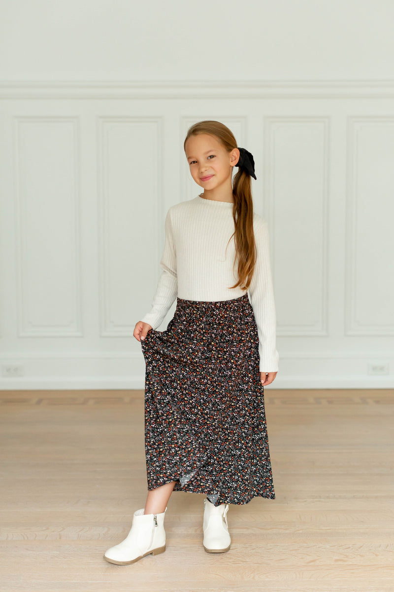 'Nina' Girl Ditsy Floral Skirt in Black FINAL SALE