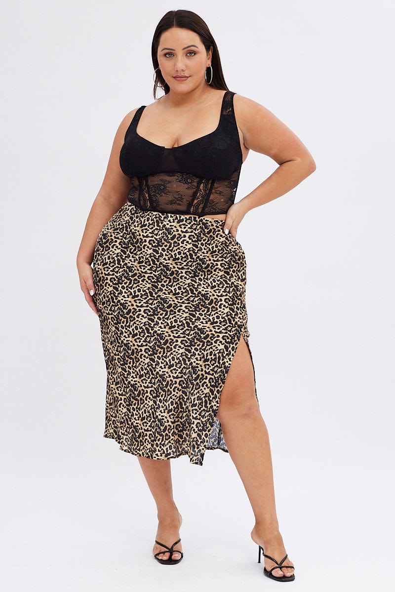 Multi Animal Print Satin Skirt Leopard Split Midi