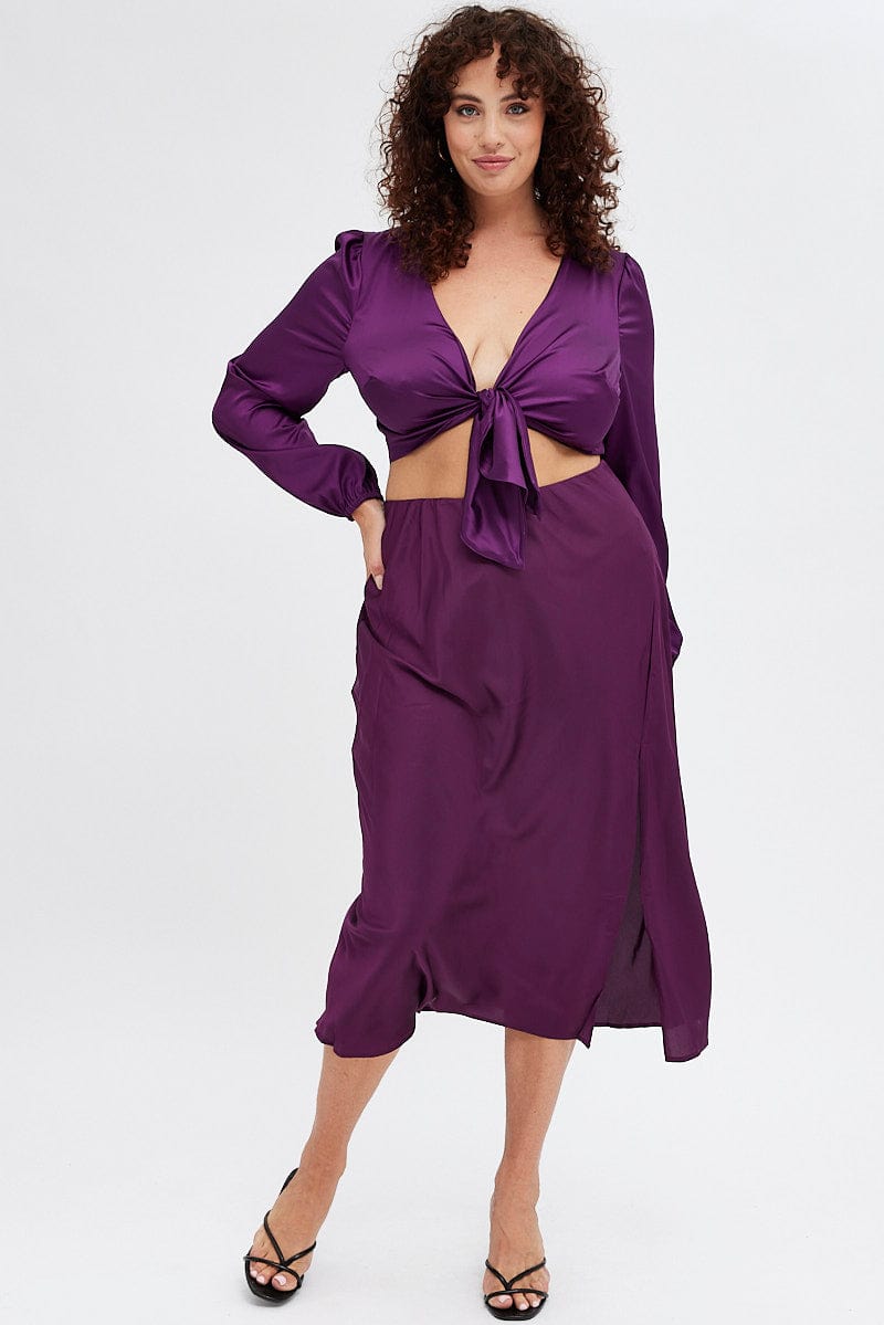 Purple Midi Skirt Elastic Waist Split Satin
