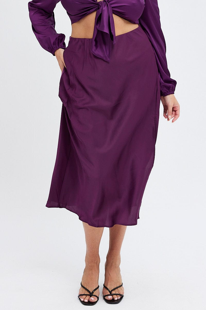 Purple Midi Skirt Elastic Waist Split Satin