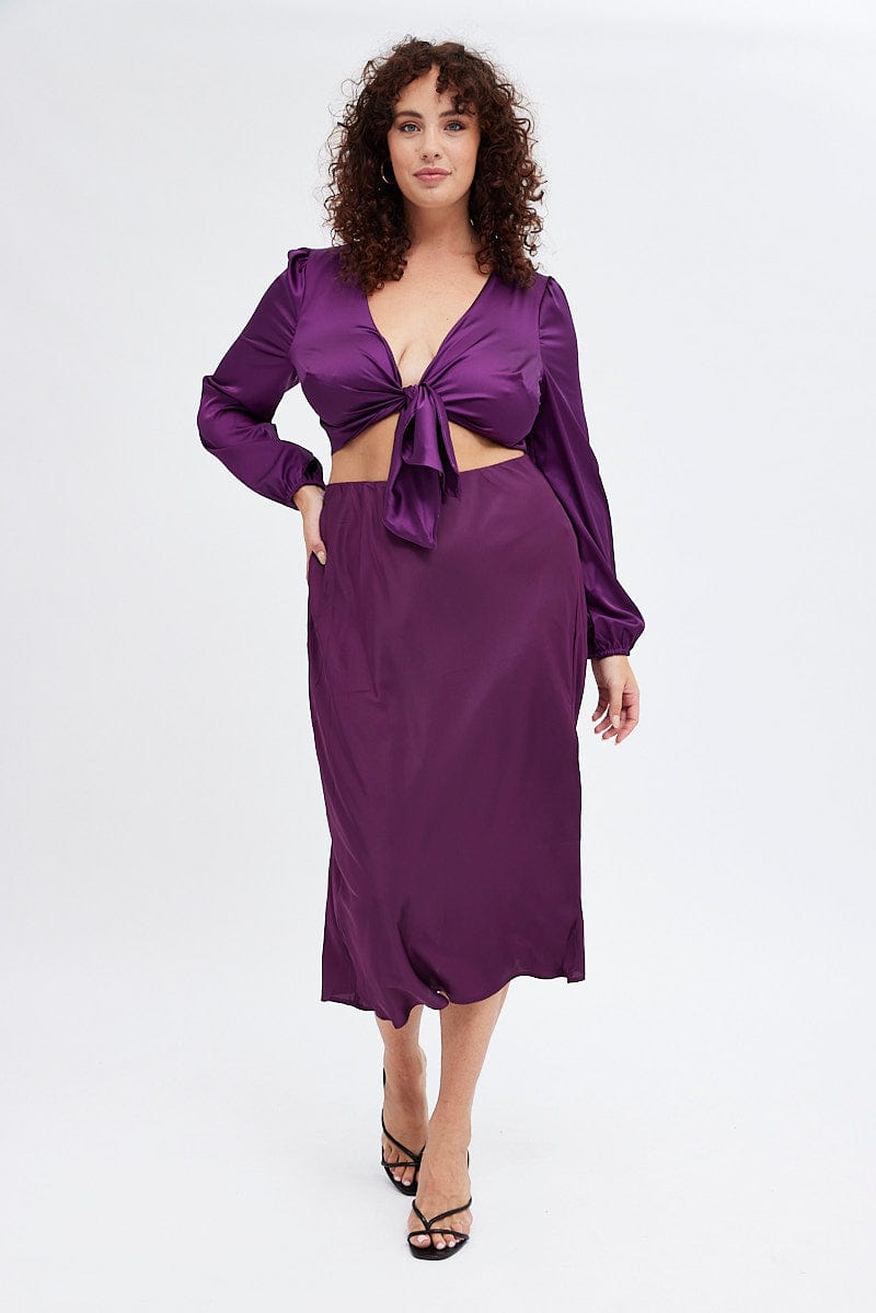 Purple Midi Skirt Elastic Waist Split Satin