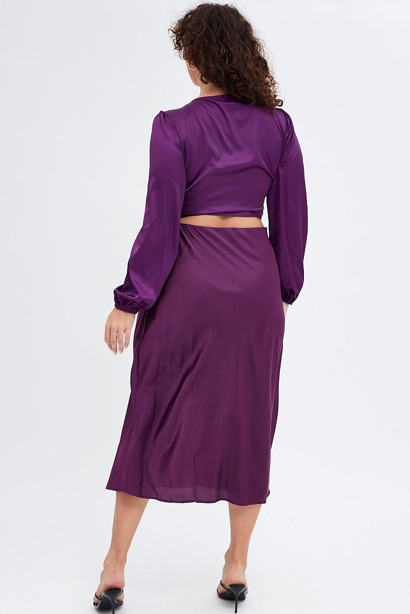 Purple Midi Skirt Elastic Waist Split Satin