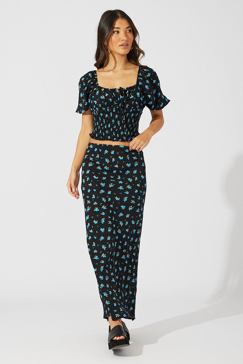 Blue Floral Slip Skirt Maxi