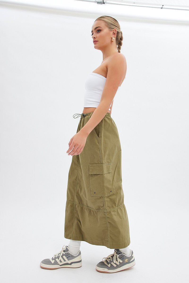 Green Maxi Skirt Low Rise Cargo Parachute