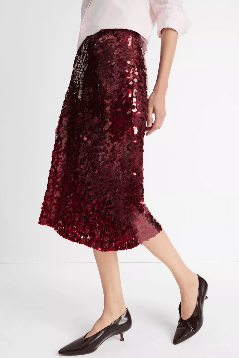 Paillette Bias Skirt in Ruby Ink