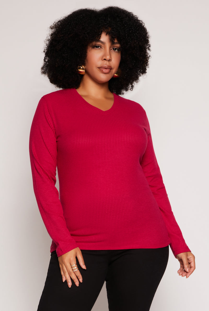 Plus Size Rib Knit V Neck Long Sleeve Top