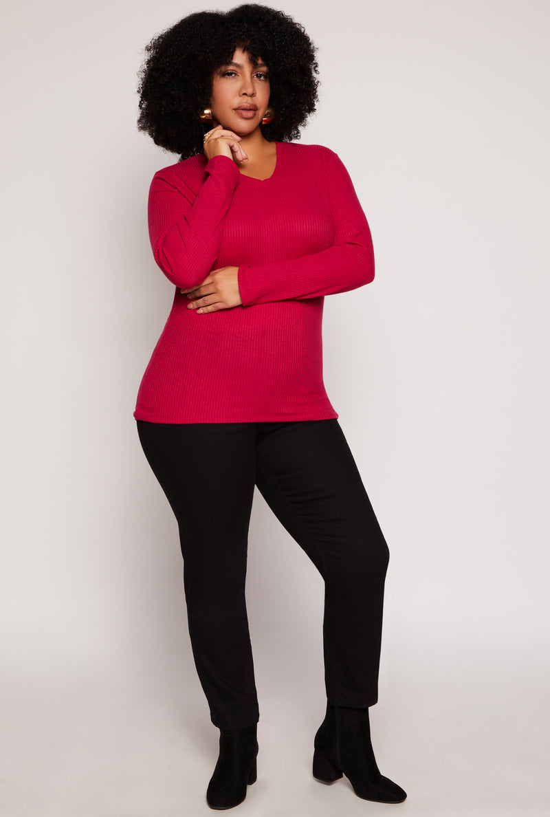 Plus Size Rib Knit V Neck Long Sleeve Top