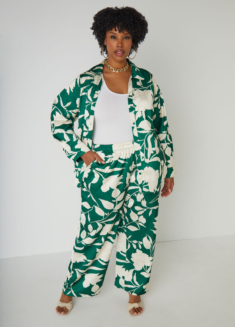 Floral Print Satin Wide Leg Pants