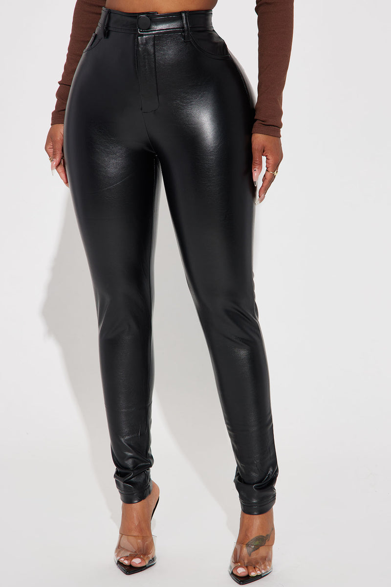 Grab The Check PU Leather Pants - Black