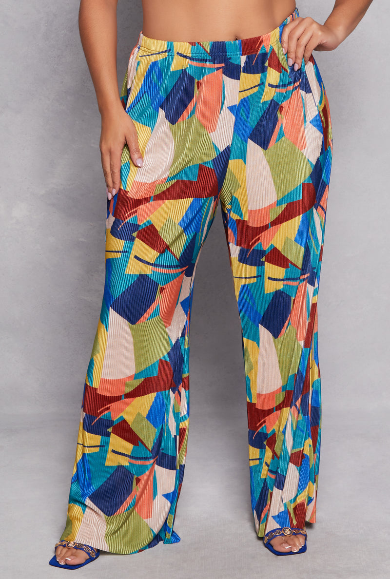 Plus Size Plisse Printed Wide Leg Pants