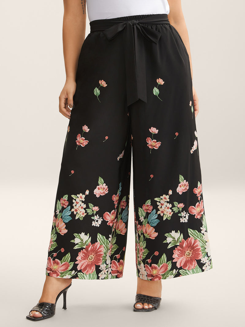 Floral Print Belted Wide-Leg Pants