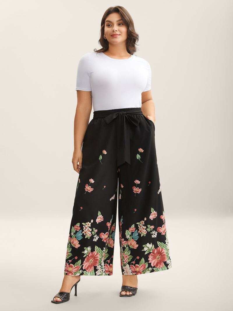Floral Print Belted Wide-Leg Pants