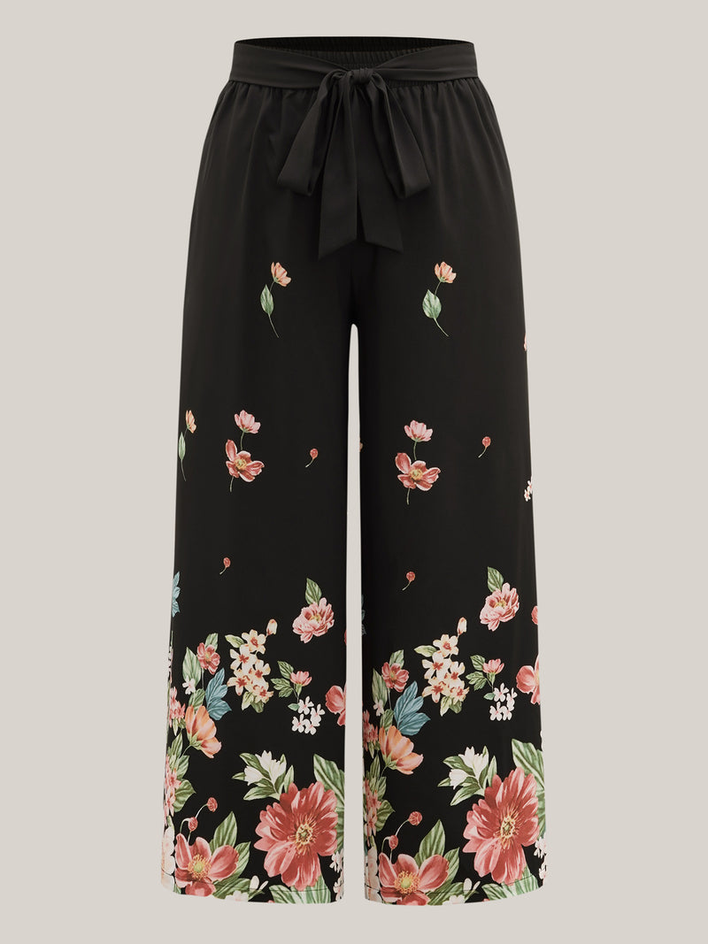 Floral Print Belted Wide-Leg Pants
