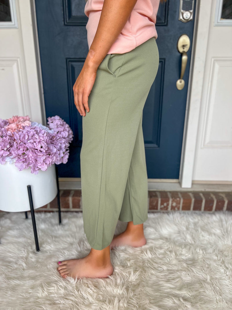 Lucy Wide Leg Stretchy Crop Pants - Dusty Sage