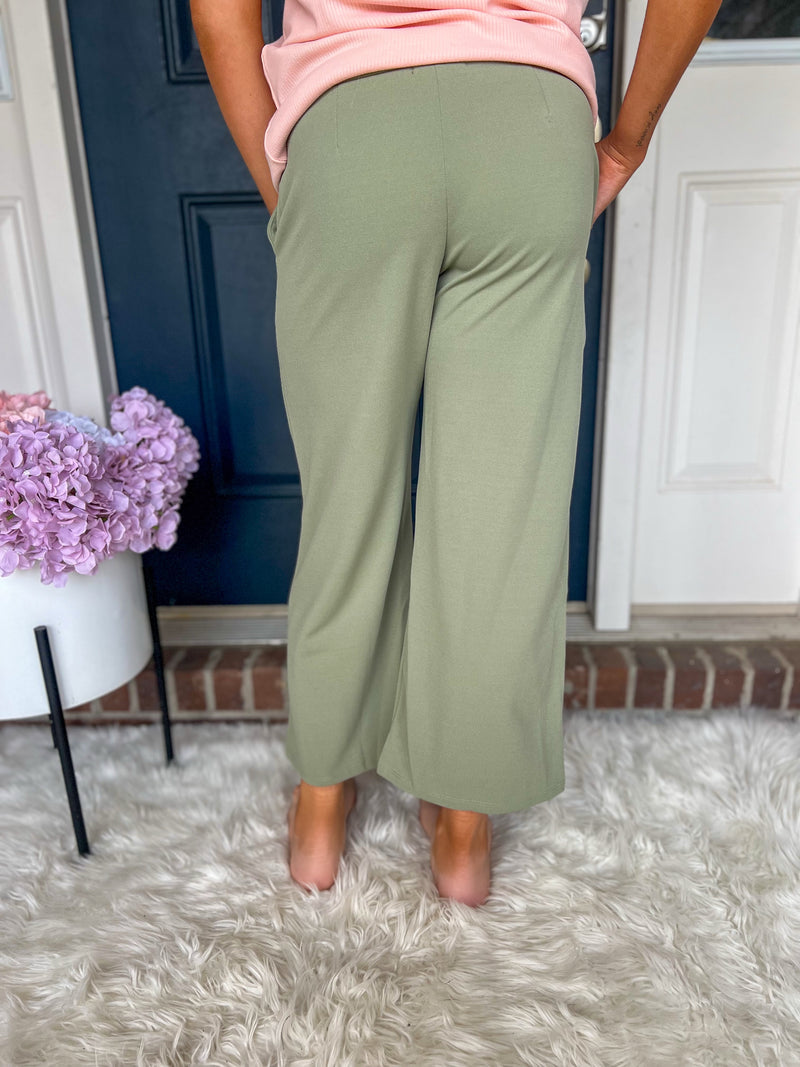 Lucy Wide Leg Stretchy Crop Pants - Dusty Sage