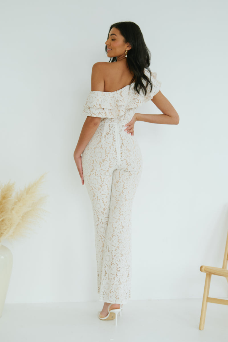 JASMINE LACE OFF THE SHOULDER JUMPSUIT - IVORY