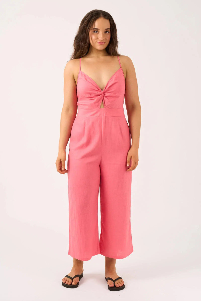 Linen Blend Twist Front Jumpsuit - Bubblegum Pink