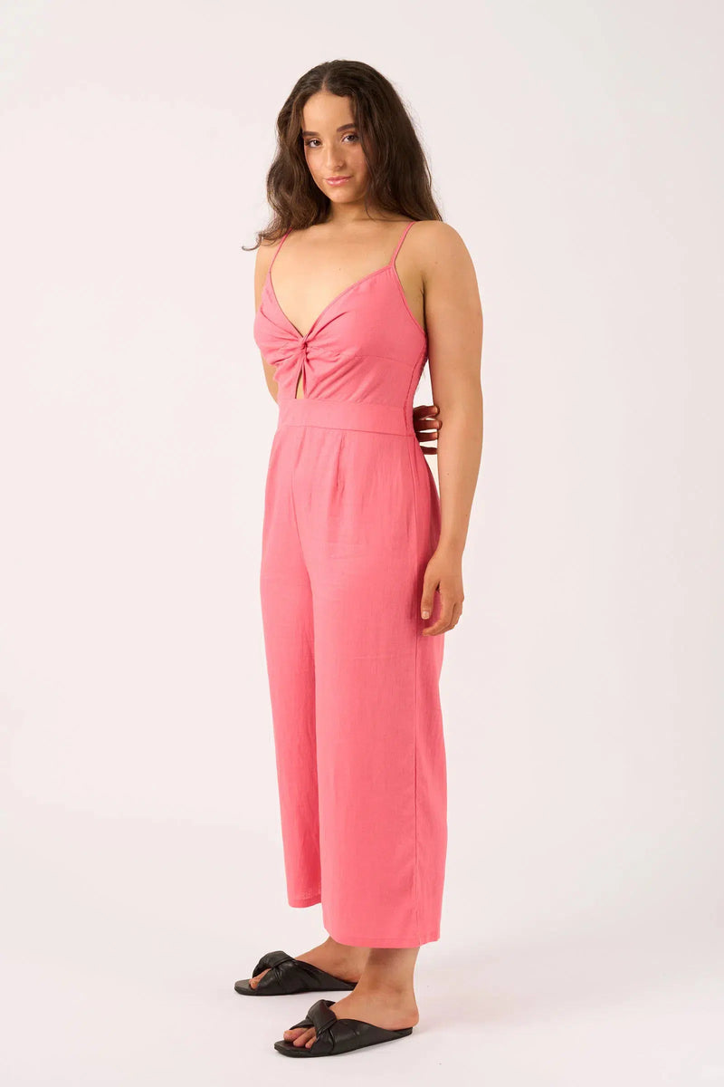 Linen Blend Twist Front Jumpsuit - Bubblegum Pink