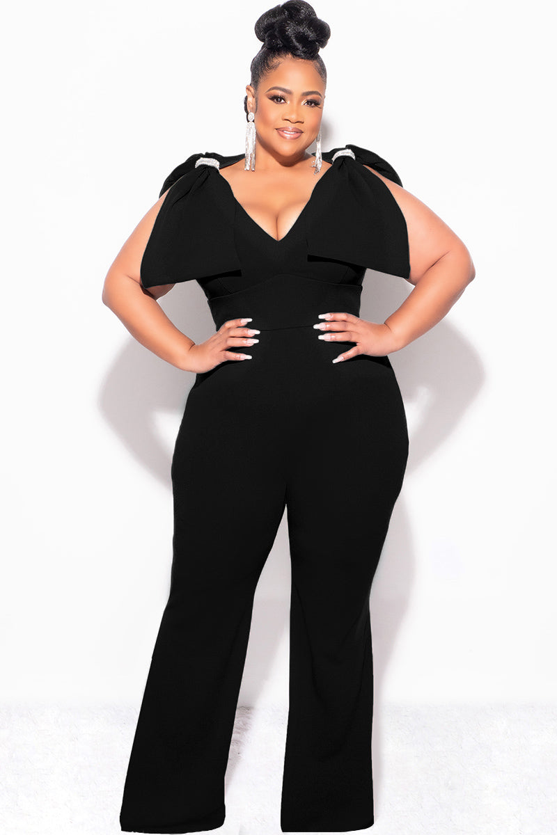 Final Sale Plus Size Jumpsuit with Bow on Shoulders in Black