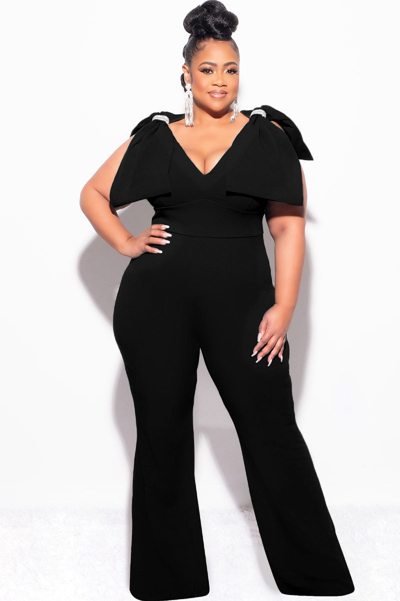 Final Sale Plus Size Jumpsuit with Bow on Shoulders in Black
