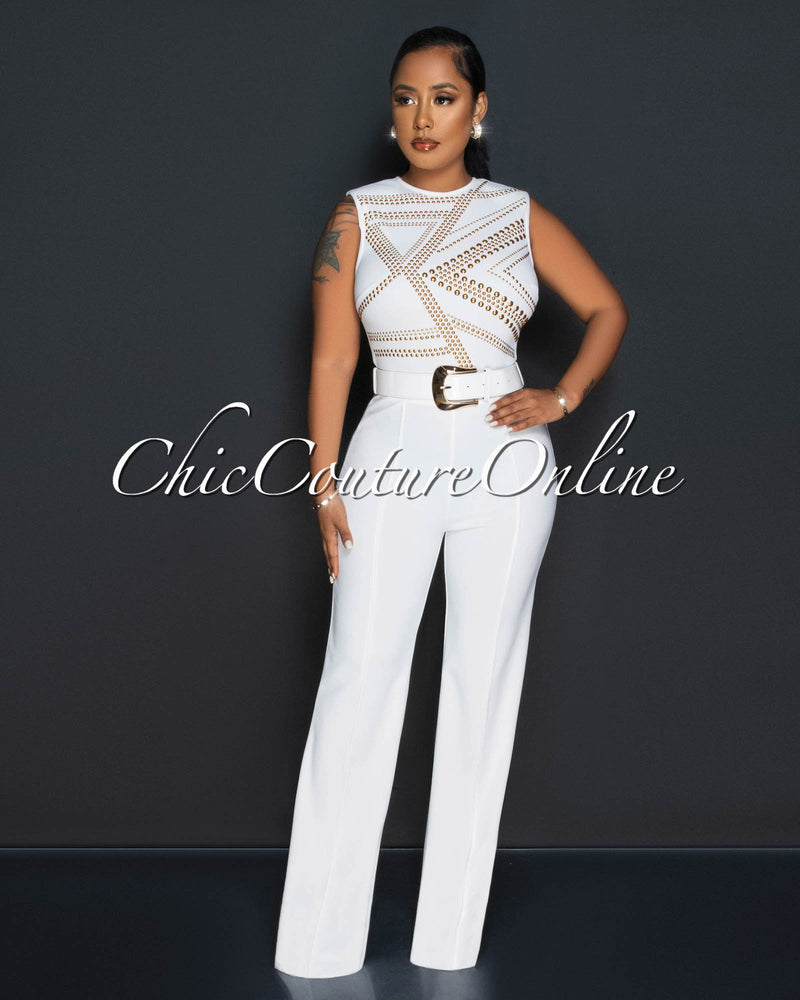*Marlisa Off-White Gold Studs Gold Buckle Belt Jumpsuit