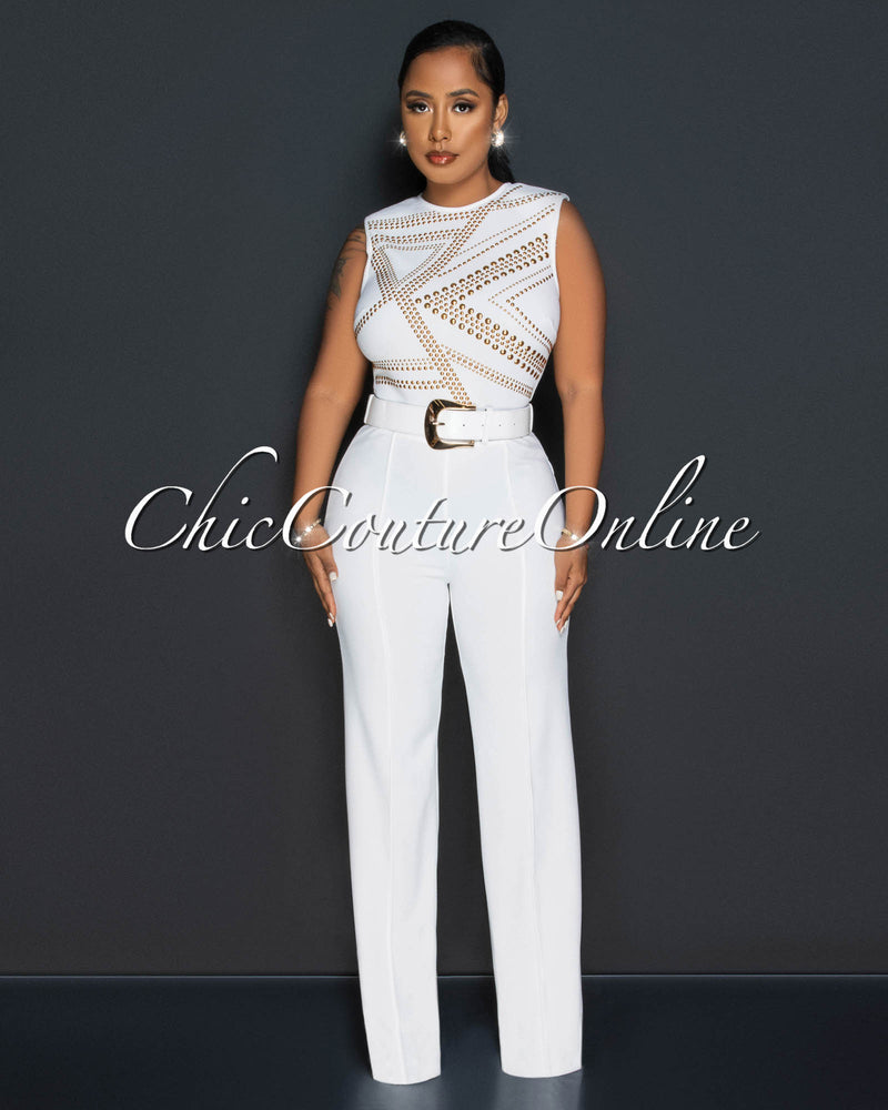 *Marlisa Off-White Gold Studs Gold Buckle Belt Jumpsuit