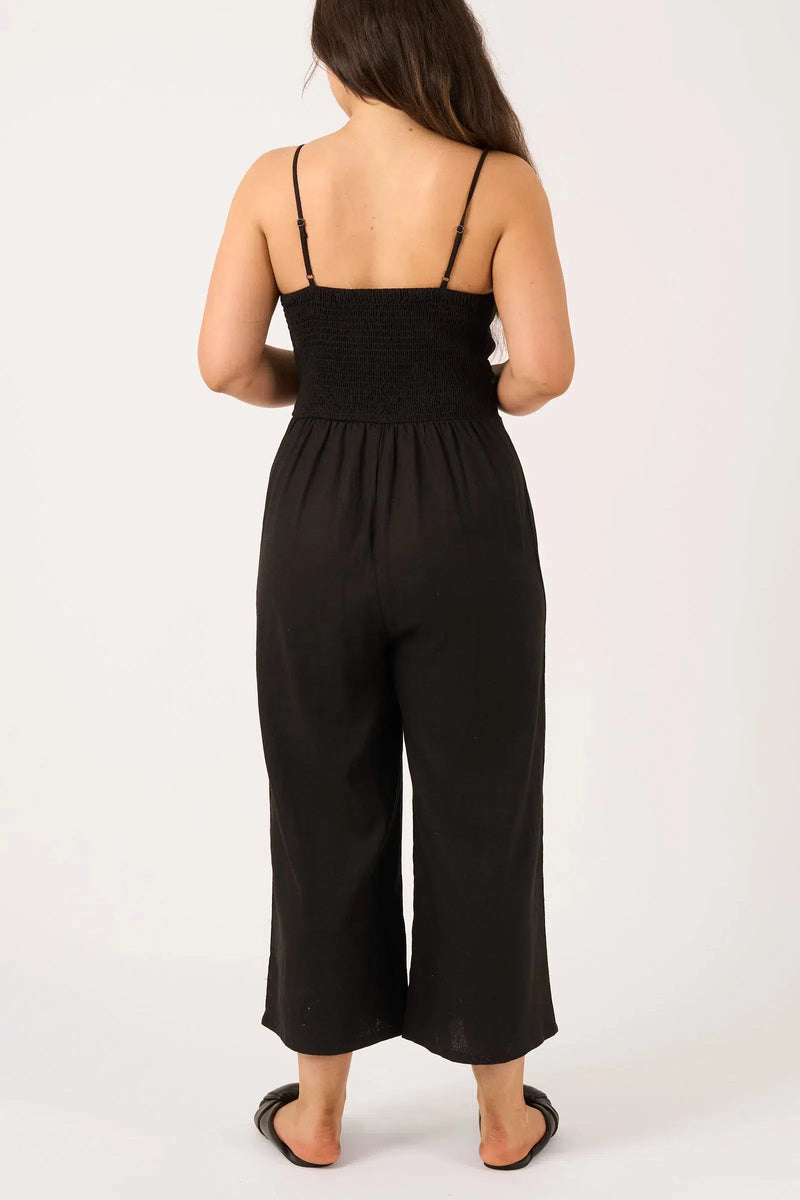 Linen Blend Twist Front Jumpsuit - Black