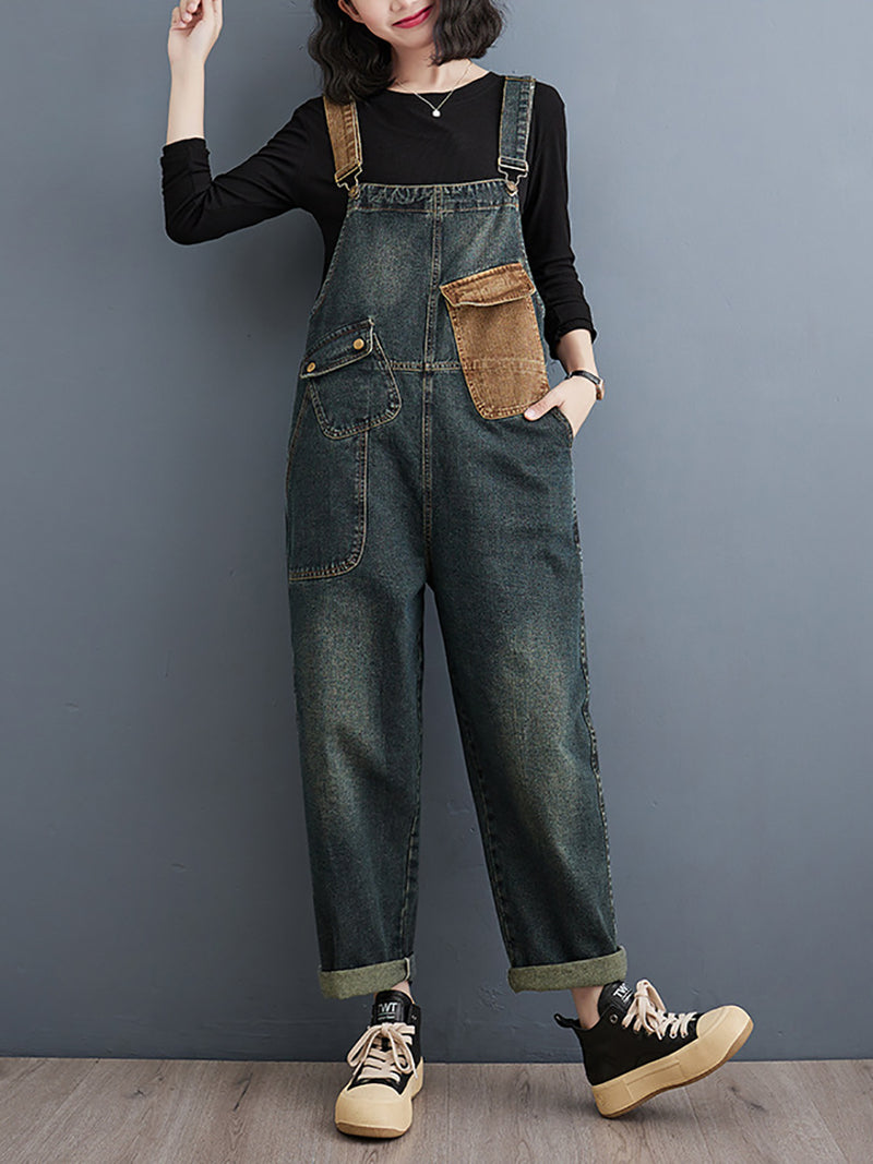 Women Vintage Colorblock Denim Loose Jumpsuits