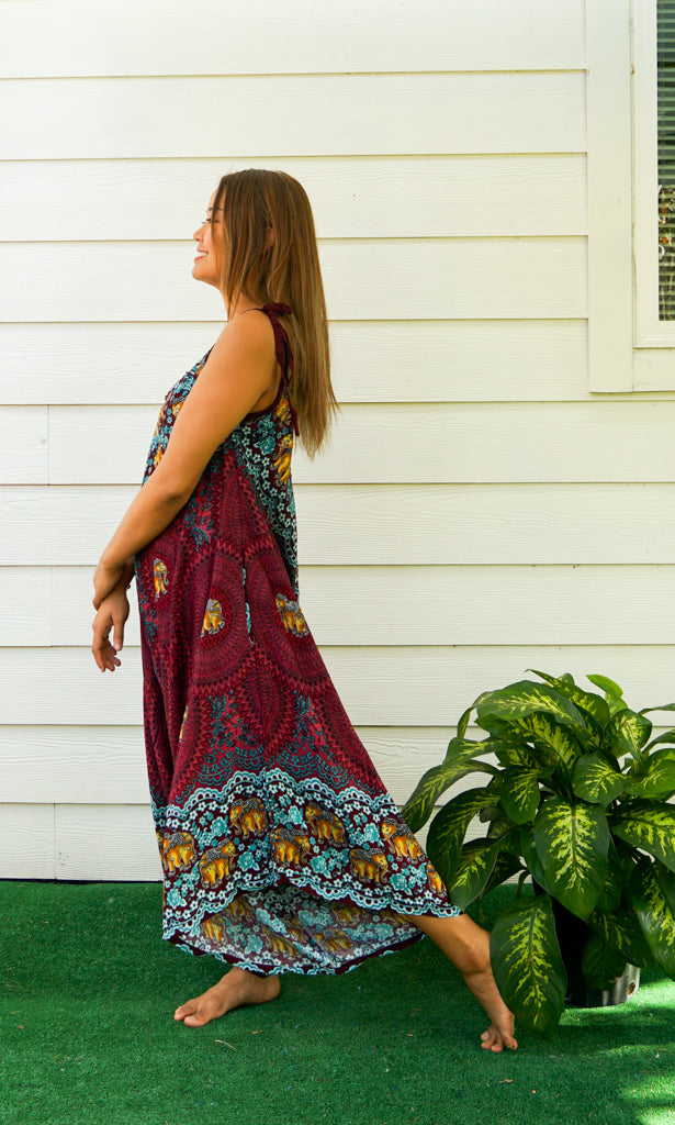 Burgundy Elephant Mandala Boho Jumpsuit