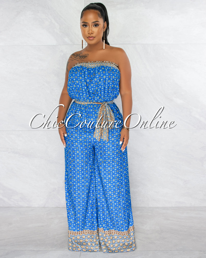 *Gunther Blue Multi-Color Print Self-Tie Belt Strapless Jumpsuit