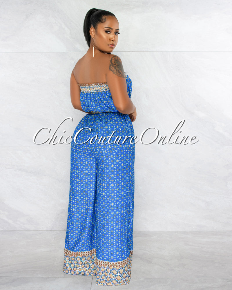 *Gunther Blue Multi-Color Print Self-Tie Belt Strapless Jumpsuit