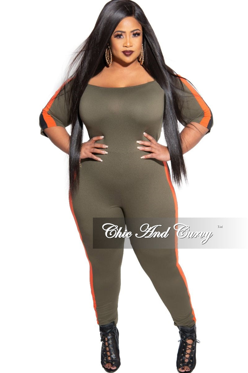 Final Sale Plus Size Off the Shoulder Jumpsuit in Olive with Burnt Orange and Black Trim