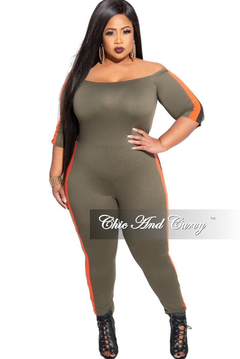 Final Sale Plus Size Off the Shoulder Jumpsuit in Olive with Burnt Orange and Black Trim