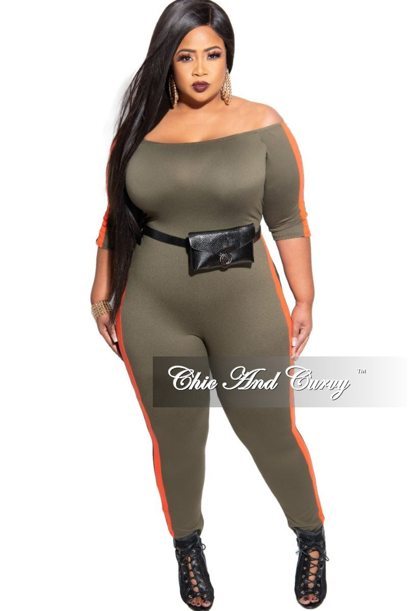 Final Sale Plus Size Off the Shoulder Jumpsuit in Olive with Burnt Orange and Black Trim