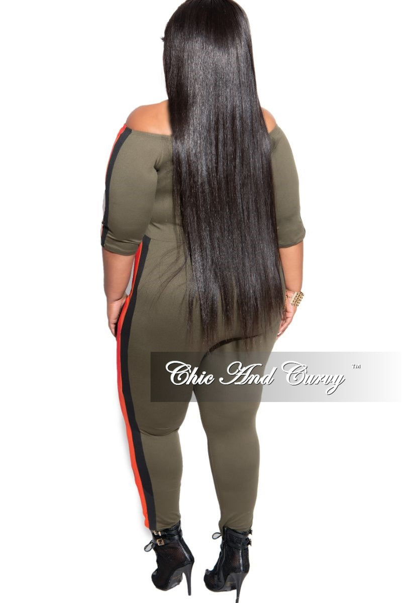 Final Sale Plus Size Off the Shoulder Jumpsuit in Olive with Burnt Orange and Black Trim