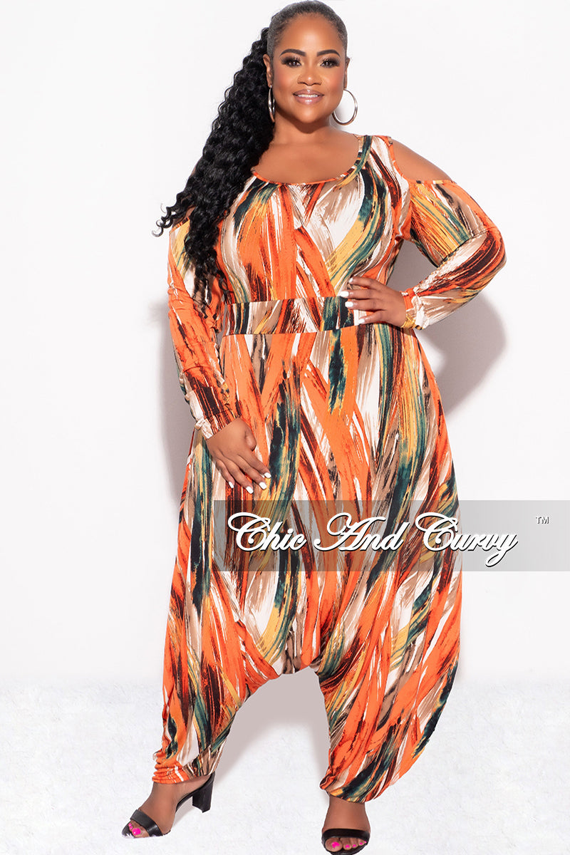 Final Sale Plus Size Cold Shoulder Harem Jumpsuit in Orange Multi-Print