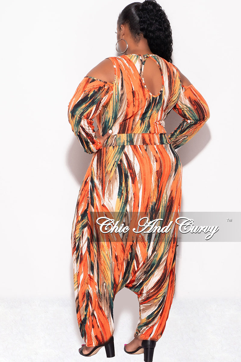 Final Sale Plus Size Cold Shoulder Harem Jumpsuit in Orange Multi-Print