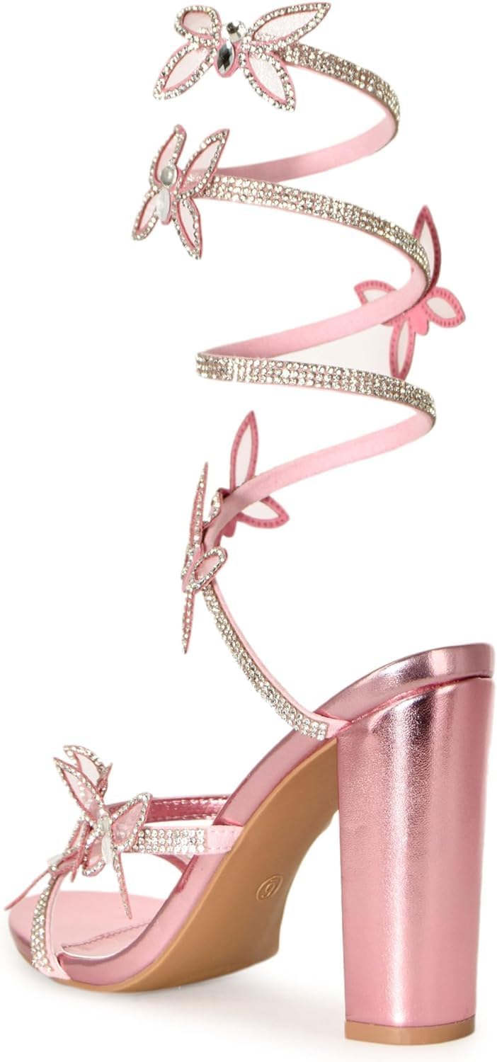 Butterfly Wrap Metallic Around Rhinestone Strap Chunky heel Sandals