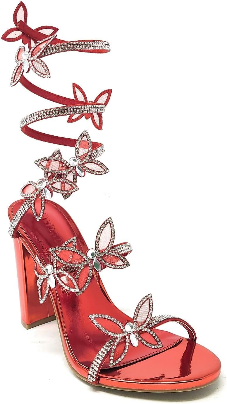 Butterfly Wrap Metallic Around Rhinestone Strap Chunky heel Sandals