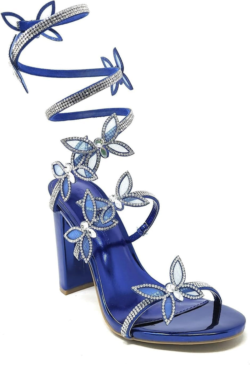 Butterfly Wrap Metallic Around Rhinestone Strap Chunky heel Sandals