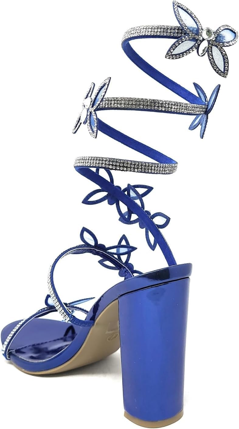 Butterfly Wrap Metallic Around Rhinestone Strap Chunky heel Sandals