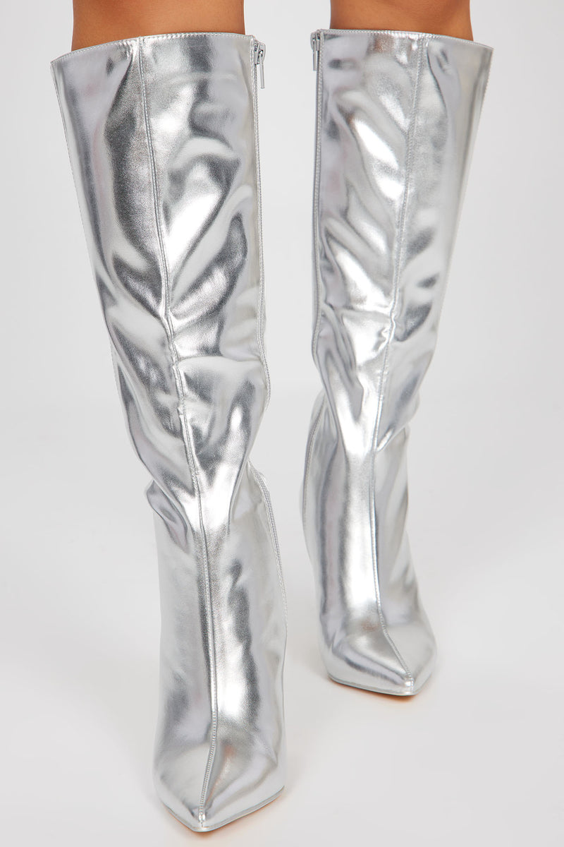 Step Your Game Up Knee High Heeled Boots - Silver
